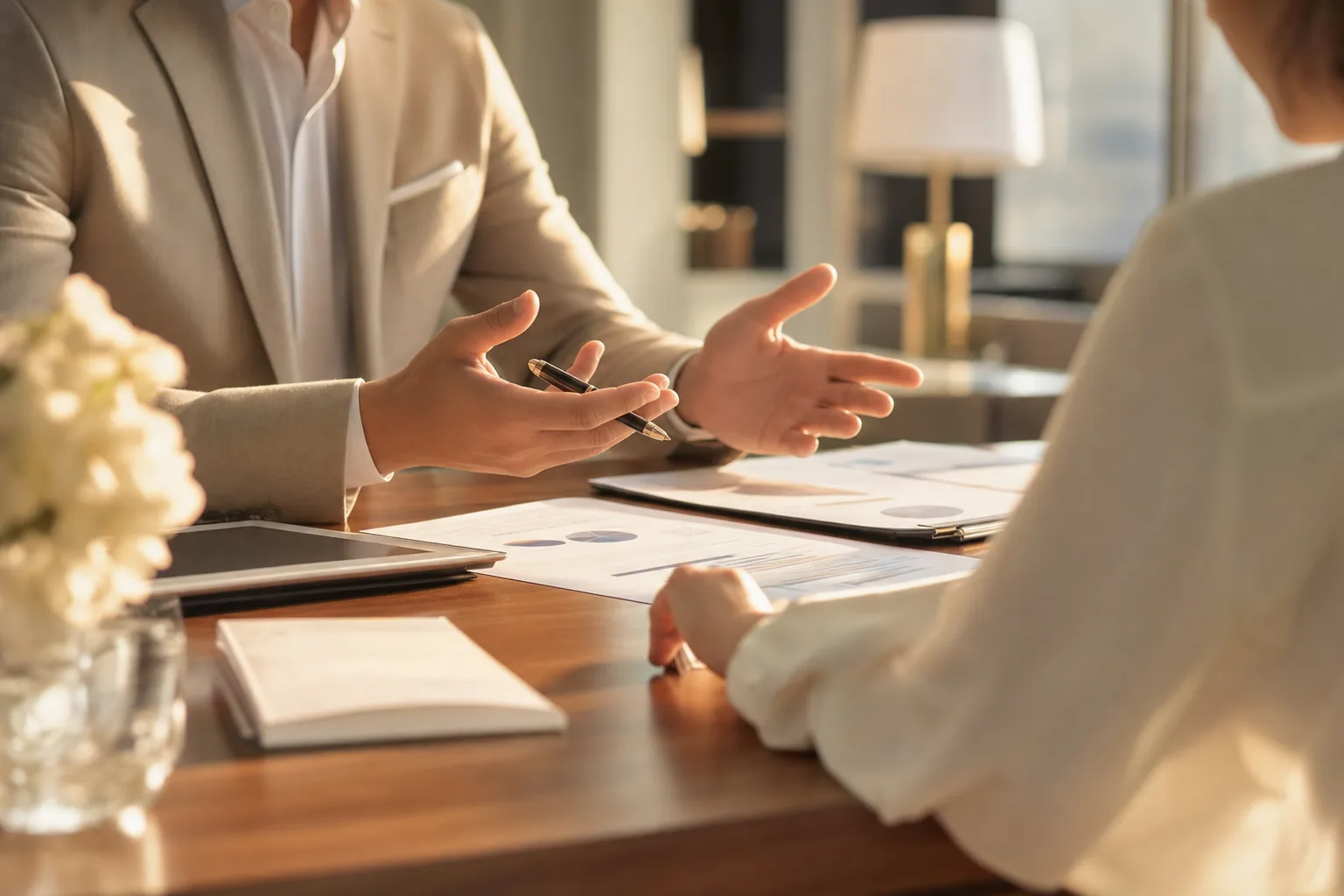 A consultant reviewing financial documents with a client at a bright office table