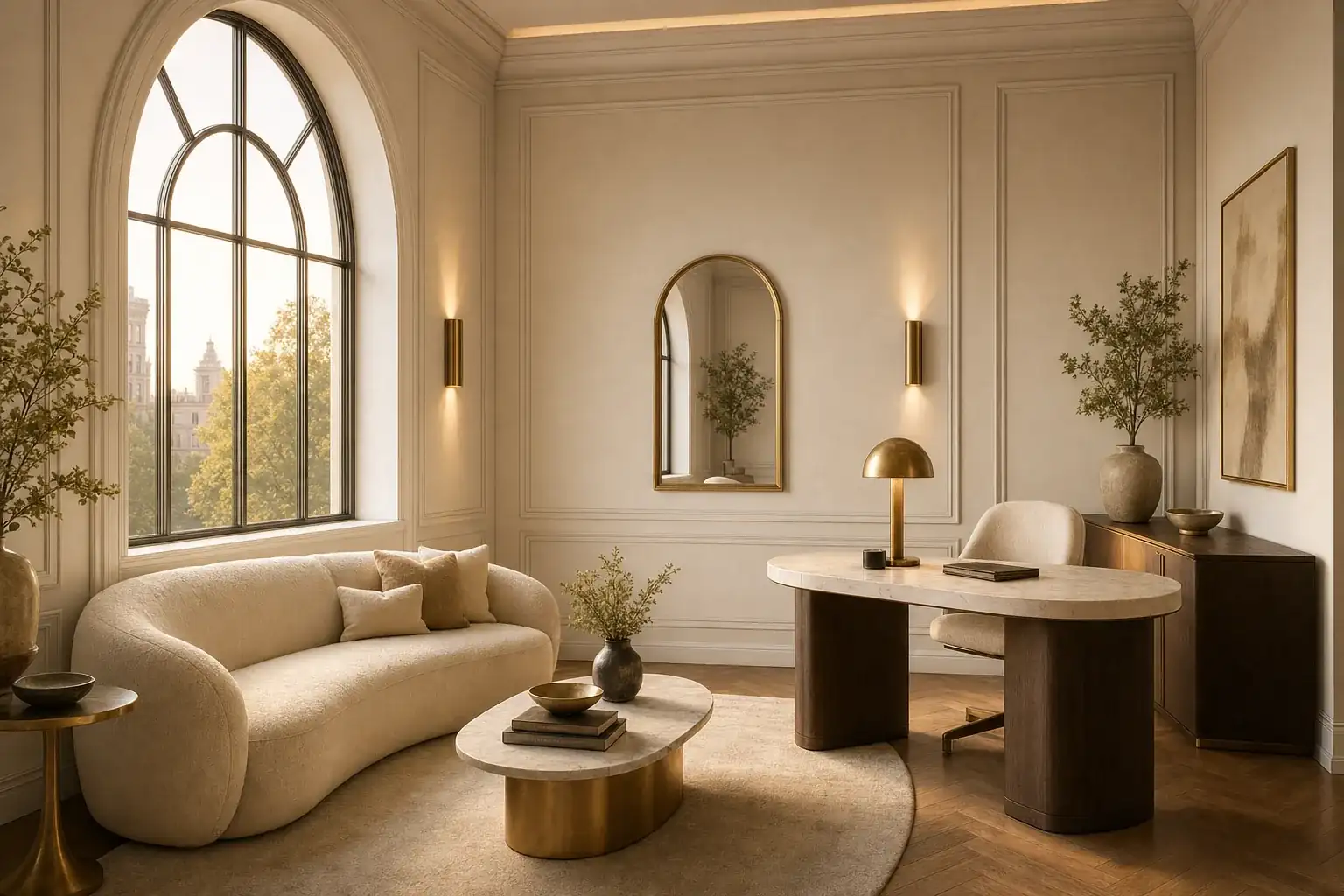 A warm, upscale boutique office interior with a desk and soft lighting