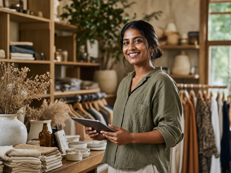A confident small business owner reviewing figures on a tablet in her shop