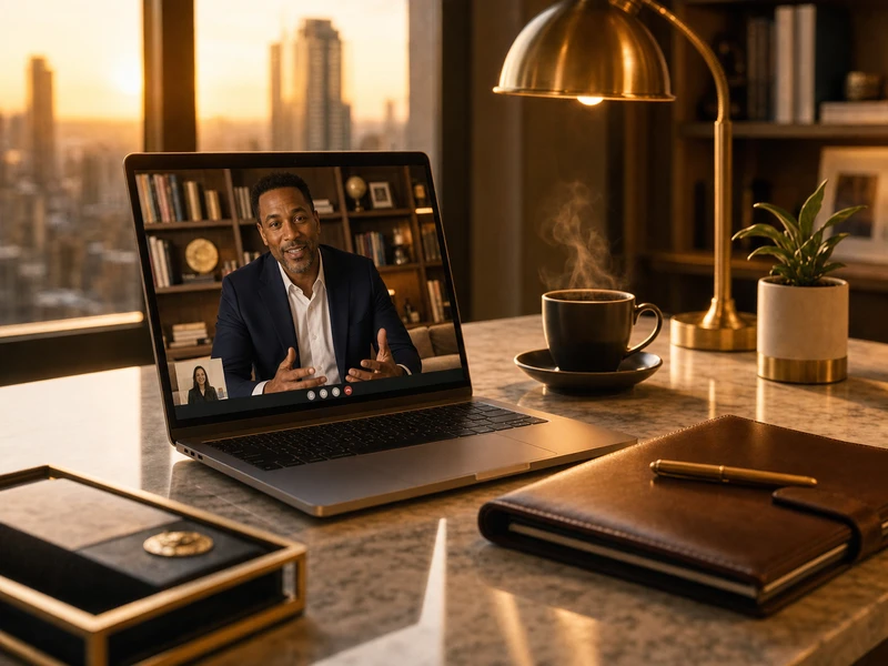 A virtual credit consultation on a laptop in a bright modern space